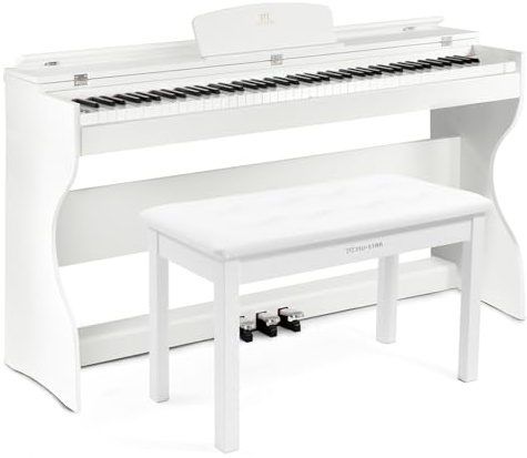 MUSTAR E-Piano 88 Tasten mit Klavierhocker, Digital Piano, Elektrisches Klavier mit Klavierständer, 3 Pedaladapter, 2 Kopfhöreranschluss, LCD-Bildschirm, USB/MIDI, Piano für Anfänger, Weiß