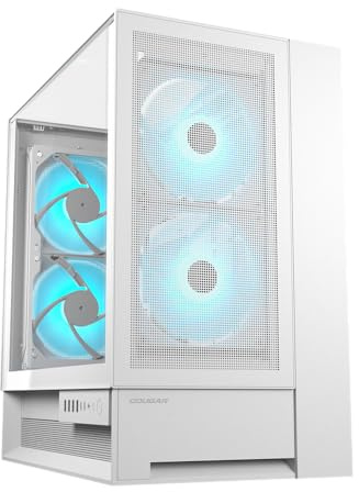 COUGAR OmnyX Mid-Tower ATX symmetriskt panorama PC-fodral – maximalt luftflöde – 4 x förinstallerade 160 mm fläktar – omvänd kontakt moderkortskompatibilitet – noll synlighet kabelhantering – vit