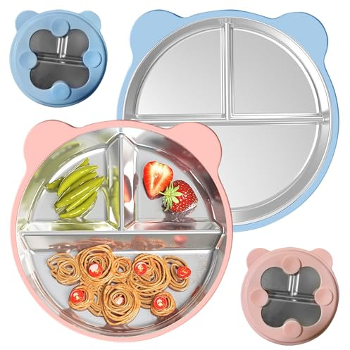 Geentargetel 2 platos para bebés con ventosa, sin BPA, plato de acero inoxidable para bebés, plato para niños con funda de silicona extraíble (rosa +azul cielo)