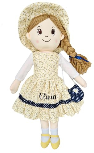 Personalised Baby Girl Rag Doll Soft and Cuddly Princess Ragdoll (Yellow/Navy Ragdoll)