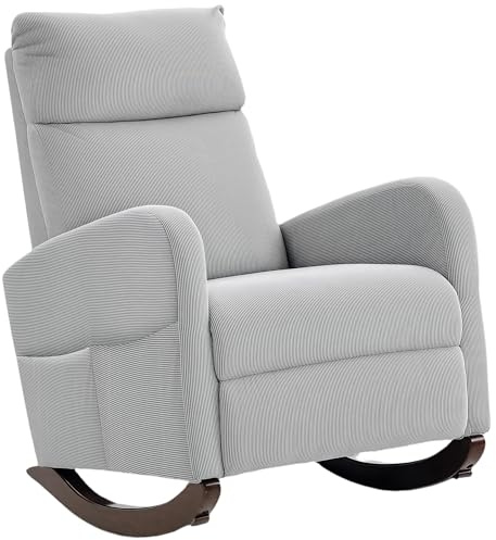 HOMCOM Rocking Chair, Corduroy Fabric Upholstered Accent Armchair with Side Pockets & Solid Wood Legs, Modern High Back Leisure Rocker Lounge Chair for Nursery, Living Room, Bedroom, Grey