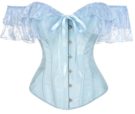 YUNAR Women Gothic Victorian Brocade Corset Top with Lace Sleeves, Overbust Shapewear Steampunk Festival Outfit (US, Alpha, Large, Regular, Regular, Blue)