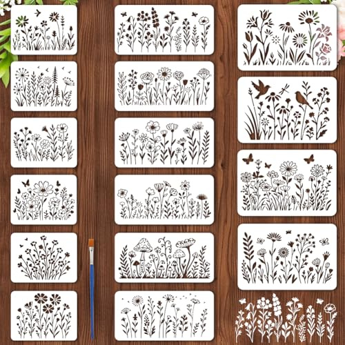 TWINKLEMON 16 pochoirs à fleurs de grandes taille pour la peinture, pochoirs à fleurs sauvages, pochoirs à peinture en spray floraux, gabarits de dessin réutilisables pour murs, meubles et cartes