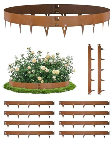 RugoTech Lot de 10 Bordures en Acier Corten – Bordure de Jardin Métallique Marron, 107,5×20 cm, Bordure à Enfoncer sans Creuser – Idéale pour Gazon, Parterres et Allées.