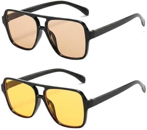 2 Pcs Polarised Sunglasses for Women Men, Retro 70s Rectangle Pilot Sunglasses,Double Bridge Vintage Tinted Shades with UV400 Protection,Oversized Square Driving Glasses for Fishing Travel Outdoor Use