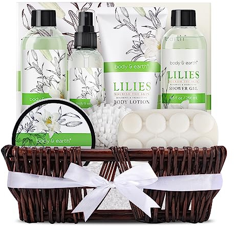Coffret Bain pour Femme Elegant, Body & Earth 10 Pcs Cadeau de Bain au Parfum de Lys avec Panier en Osier, Idéal Cadeau pour les Femmes et les Filles, Convient l’Anniversaire