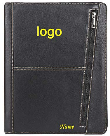 FREI NAME GRAVUR, Personalisiert Konferenzmappe A4 Leder, Reißverschluss Schreibmappe mit a4 Klemmbrett, Organizer Büro Mappe mit Tablet Halter, Geschenk für Damen/Herren, Customized, Schwarz