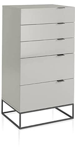 Angel Cerdá - Chiffonnier en MDF Laqué Gris Perle Brillant - Commode Étroit et Haute avec 5 Tiroirs et Fermeture Retardée - Pieds en Acier Noir - 60 x 45 x 111 cm