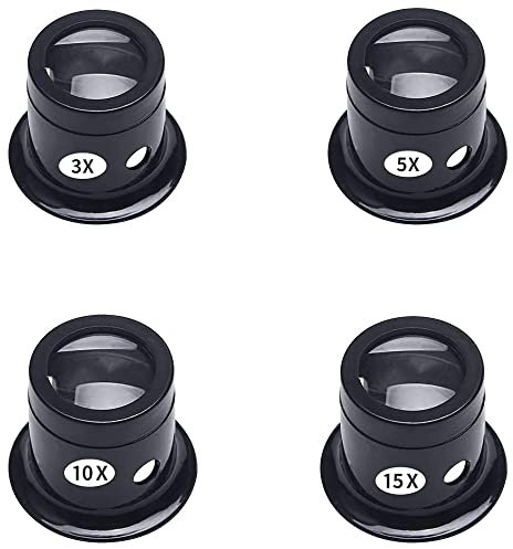 MMOBIEL 4 Stück Lupen für professionelle Uhrmacher- und Schmuckinspektion mit 20 mm Glaslinse, Vergrößerungsfaktor 3 x / 5 x / 10 x / 15 x