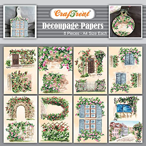 CrafTreat Garden Decoupage-papper - Storlek: A4 (20 x 30 cm) 8 st - Decoupage-papper för möbler - Trädgårdsurklippspapper - Decoupage-papper Blommor - Vintage Decoupage-papper - Dekorativt Blommor
