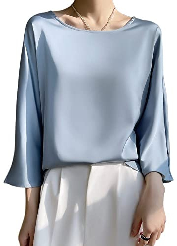 Bluse E Camicie da Donna, Camicetta da Donna in Raso di Seta Estiva Elegante Tinta Unita Girocollo Pullover Camicie Top Moda Ampia Manica A 3/4 Tunica Top Casual Formale Festa Camicette da Lavoro T-
