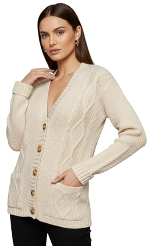 LUXFAB Womens Long Sleeve Button Top Cardigan Chunky Aran Cable Knit Grandad Style Sweater Everyday Casual Warm Knitted Ladies Cardigan UK Sizes 8-26 Cream