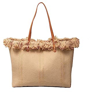 CORIOS Bolso de Mano de Lona para Mujer Gran Capacidad Bolso Playa Bolso Tote para Estilo Boho Bolsa de Ocio Bolso de Hombro con Borlas para Compras Viajes Citas Vacaciones Caqui
