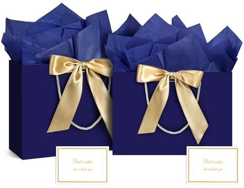 BBLIKE Geschenktüten 2 Stück Papiertüten mit Schleifenbändern + 2 Grußkarten + 4 Taschentüchern, Geschenktaschen mit Henkel Partytüten Bodenbeutel Kreuzbodenbeutel für Geburtstag Hochzeit Feier Party