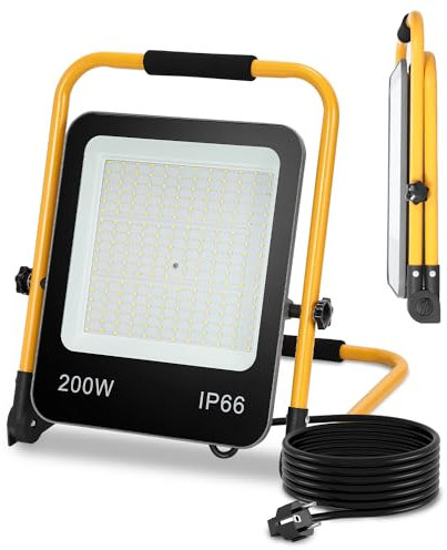 Yakimz LED Baustrahler 200W 18000LM, Arbeitsleuchte Strahler IP66 Wasserdicht 6000K Kaltweiß Tragbar und Faltbarer Arbeitsscheinwerfer mit kabel, 72LEDs, für Werkstatt Baustelle Garage Campin