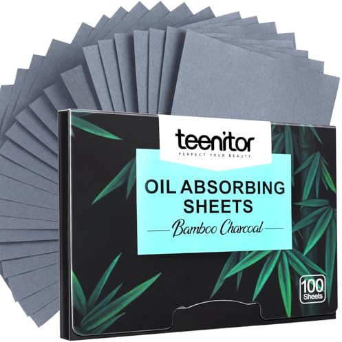Teenitor 100 Counts Bamboo Charcoal Oil Blotting Paper for Oily Skin, Oil Blotting Sheets for Face, Makeup Blotter Paper Face Oil Sheets, Oil Absorbent Pads Oil Control Film, Large 10cmx7cm