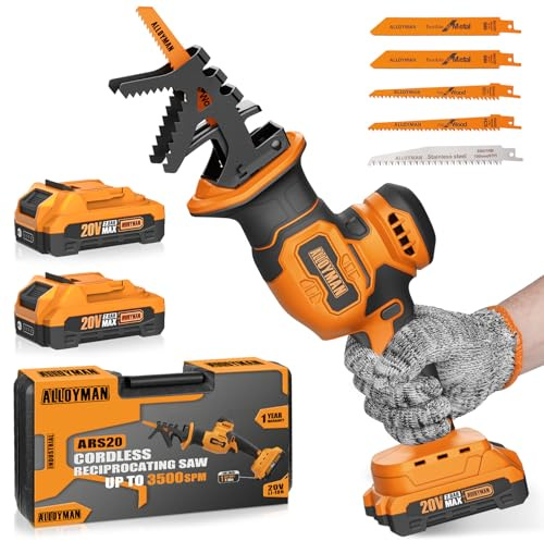 Alloyman Reciprocating Saw, 20V Cordless Battery Power Saw, with 2 X 2.0Ah Batteries & Charger, 0-3500 SPM Variable Speed, Tool-Free Change, 5 PCS Blades for Wood Metal PVC Pipe Tree Cutting