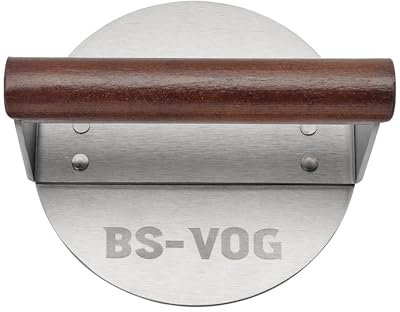 BS-VOG Presse Steak Haché, Smashed Burger 15.24 cm, Poids Lourd en Acier Inoxydable avec Poignée en Bois, Idéale pour Barbecue, Viande, Patty, Steak, Bacon, Coffret Cadeau