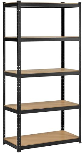 Soberine Scaffalatura Metallo Scaffale a 5 Ripiani con Capacità di Carico Grande Montaggio senza Viti per Garage Magazzino Ripostiglio (Nero, 45x90x180 cm)