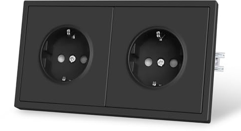 CNBINGO Doppelsteckdose Matt mit Spannkrallen - Zweifach Schuko Steckdose Unterputz - 2 Fach Schutzkontakt Wandsteckdose - Kunststoffplatten mit Hautgefühl - 80mm x 150mm - Schwarz