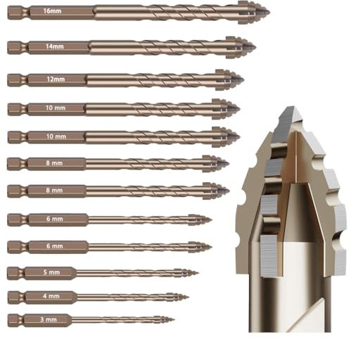 Juego de 12 brocas dentadas para mampostería (3-16 mm), acero de alta velocidad recubierto de titanio, diseño de flauta excéntrica para taladrar en seco hormigón, azulejos, vidrio, ladrillo y metal
