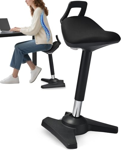 Tabouret debout avec coussin de selle standard - Ergonomique - Avec fonction bascule - Hauteur réglable entre 60 et 85 cm - Avec pied trapézoïdal antidérapant - Favorise une assise dynamique - Noir