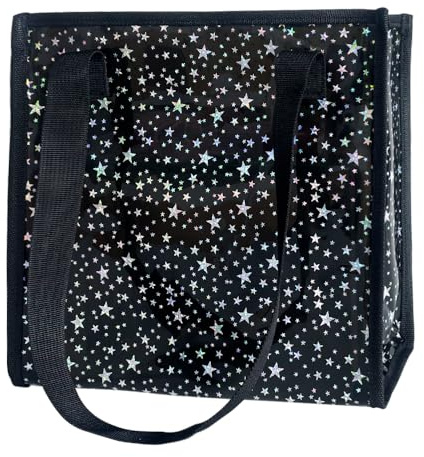 TotePrint Bolsa de transporte de PVC con diseño de estrellas, bolsa de compras impermeable con cremallera, bolsa de playa transparente, unisex, tamaño mediano 26 x 25 x 10 cm, Negro , medium
