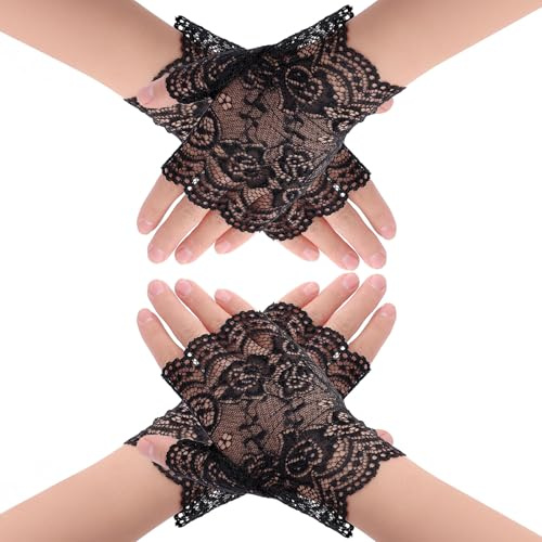 WLLHYF Lot de 2 paires de gants courts en dentelle pour femme - Mitaines de poignet de mariée des années 1920 - Gants élégants en dentelle - Protection solaire - Accessoires d'Halloween
