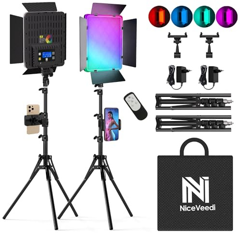 Niceveedi 15 RGB Videolicht, 2-Pack 40W LED Foto licht mit Fernbedienung und Handyhalterung, 2700K-6500K Studio Panel Licht mit RGB/CCT/HSI/Szenenmodus für YouTube/TikTok/Live-Streaming/Spiele (2)