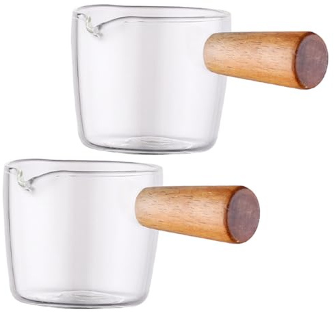 HIAKDOFT 2 Stück Espressoglas mit Holzgriff Hitzebeständig Kleiner Milchgießer mit Ausguss Transparentes Glas für Kaffee Latte Milch für Bar Restaurant Party und Zuhause
