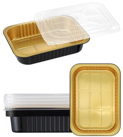 MESTAEK Black & Gold - Teglie usa e getta in alluminio con coperchio, 28 x 18 cm, confezione da 10, 2 teglie più spesse e resistenti al grasso, per riscaldamento, catering, preparazione dei pasti e