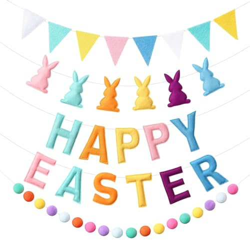 Moukeren 4 Pcs Pre Strung Felt Pastel Happy Easter Banner Garland Colorful Bunny Banner with Pennants and Pom Pom Garland Easter Hanging Party Decorations for Spring Classroom Wall Mantel Fireplace