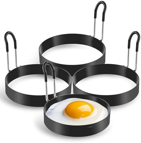 Cossaot 4 Piezas Anillas para Huevos, Aros de Acero Inoxidable para Cocinar Huevos, Antiadherentes Redondos Anillos con Mango, para Fritos Sándwiches y Pastel Carne Molde para Huevos Fritos