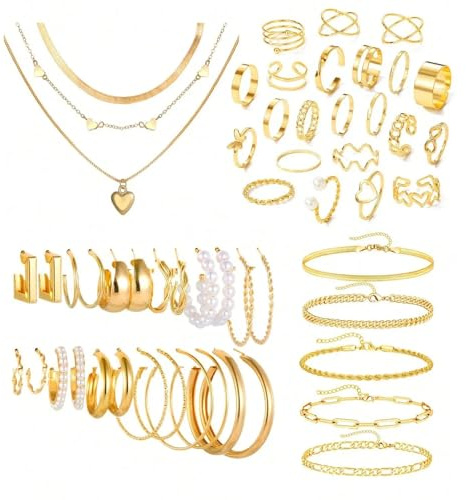 ZXTGBQ 54 Pcs Parure Ensemble de Bijoux Femme, Réglable Lot de Or Bijoux (Bracelet, Collier, Bagues, d'Oreilles) pour Fête à Thème Carnaval Danse Cadeau d'Anniversaire