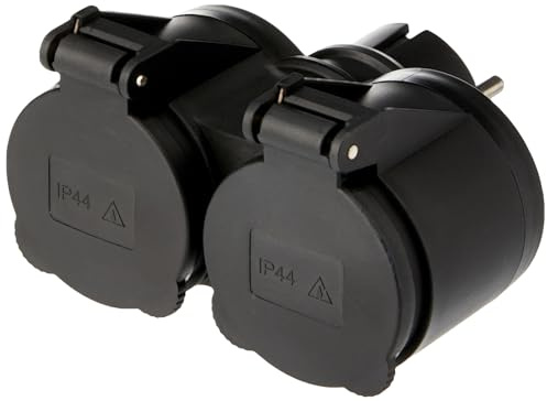 Electraline 55074, Adaptador para exteriores 2 enchufes Schuko, Resistente al Agua IP44, Enchufe alemán, Regleta 2 enchufe con Tapón, Negro