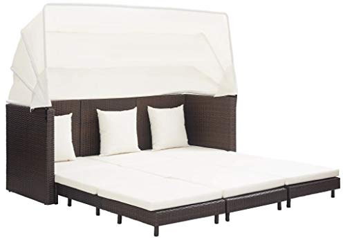 Sonnenliege Rattan Ausziehbar Sonneninsel Outdoor mit Dach Gartenliege Garten Lounge Set Loungemöbel Loungebett Doppelliege Liegebett Gartensofa 3-Sitzer Ausziehbares
