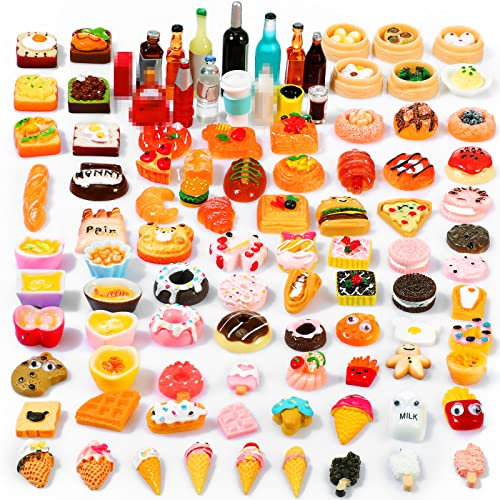 Skylety 100 Stück Küchenspielzeug für Kinder Miniatur Lebensmittel Mini Food Spielzeug mit Hamburger Rollenspiel Geschenk Lernspielzeug Gemischte Harz Lebensmittel für Kinder Jungen Mädchen