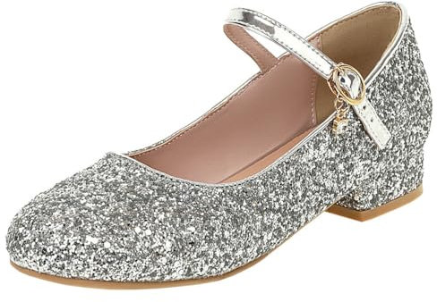 Etebella Damen Pumps Flach mit Riemchen Mary Jane Festliche Glitzer Schuhe (Silber, 38)
