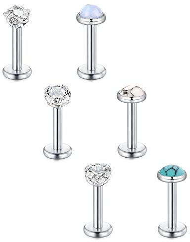 Briana Williams 6 Piezas Labio Labret Barras Stud Tragus Pendientes Set 6mm 16G Helix Piercing Acero Inoxidable CZ Diamante