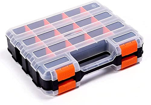 Doppelseitige Werkzeug-Aufbewahrungsbox mit abnehmbarer Kunststoff-Trennwand, Hardware-Box-Aufbewahrung, 34 Fächer, hervorragend für Schrauben, Muttern, Kleinteile, Schwarz/Orange
