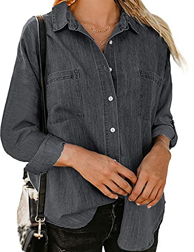 Sawmew Jeansskjorta Långärmad Jeansblus Med Knäppning För Kvinnor Mode Vår Höst Lätt Jeansjacka Med Fickor (Color : Black, Size : 3XL)