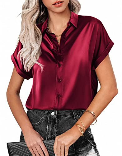 MINTLIMIT Women's Satin Shirt Blouse Short Sleeve Button Down Silk Blouse Casual Ladies Office Tops, Burgundy, Wine Red