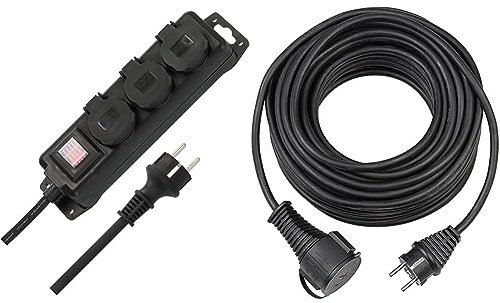 Brennenstuhl Steckdosenverteiler IP44 3-Fach & Qualitäts-Gummi-Verlängerungskabel (5m Kabel, für den kurzfristigen Einsatz im Außenbereich IP44) schwarz