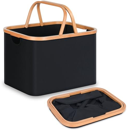 efluky Faltbarer Wäschekorb 43L, Bambus Stoff Faltbarer Storage Basket, Aufbewahrung Klappbar Wäschekorb, Laundry Baskets für Schlafzimmer Badezimmer (Schwarz, Klappbarer Griff)