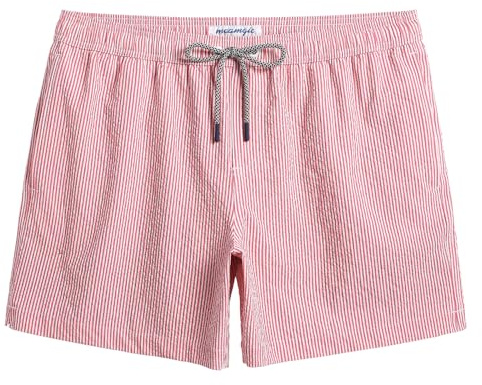 maamgic Men's Swim Trunks 5.5 inch Seersucker Beach Shorts Quick Dry Bathing Suits with Mesh Liner Red Stripe Large