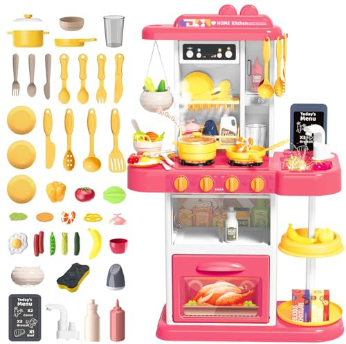 deAO Kinder Küche Spielküche mit Licht und Sound, Inkl 54PCS Kinder Küchenset Spielküche, Spüle, Backofen, Induktionsherd, Kaffeekocher, Dessertständer, Spielset Geschenk für Kleinkinder (Rosa)
