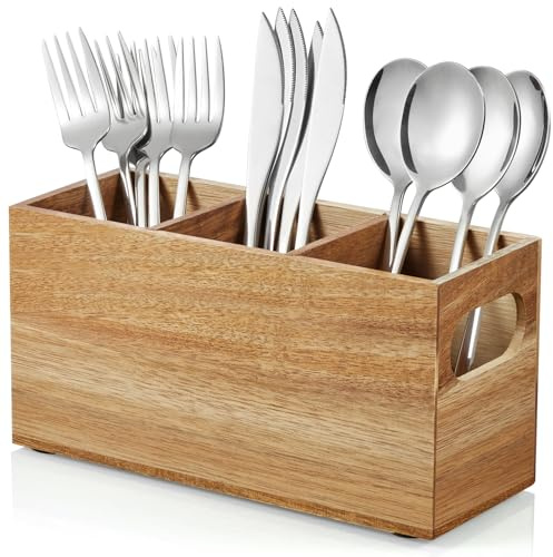 DRASTAR Silverware Holder, Acacia Wooden Utensil Caddy, Silverware Organizer Countertop, Cutlery Holder for Party, Fork Spoon Knife Organizer