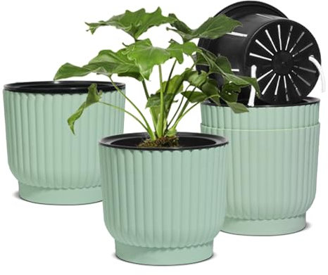 T4U Macetas de riego automático de 7 pulgadas para plantas de interior, paquete de 4 macetas de plástico verde para todas las plantas de casa, flores, violetas africanas