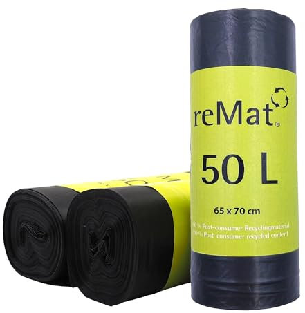 reMat Sacchetti Spazzatura 50l, in Materiale Riciclato al 100% (PCR), 45 Sacchetti, Resistenti agli Strappi, Inodori, Ideali per la Raccolta dei Rifiuti Residui o dei Materiali Riciclabili