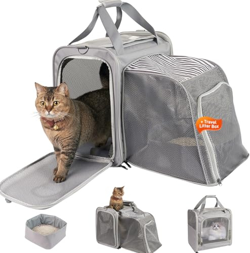 Cat Carrier with Litter Box for Large Cats Up to 25lbs, Expandable Soft-Sided Pet Travel Carrier, Breathable Foldable Cat Bag for Car Ride, Vet Visit & Camping